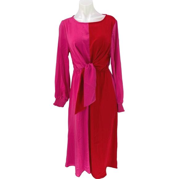 Oddy NWT Pink Red Satin Two Tone Colorblock Tie Front Long Sleeve Midi Dress L - Picture 1 of 7